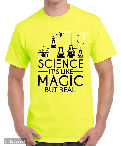 Caseria Men's Round Neck Cotton Half Sleeved T-Shirt with Printed Graphics - Science It's Like Magic (Lemon Yellow, XL)