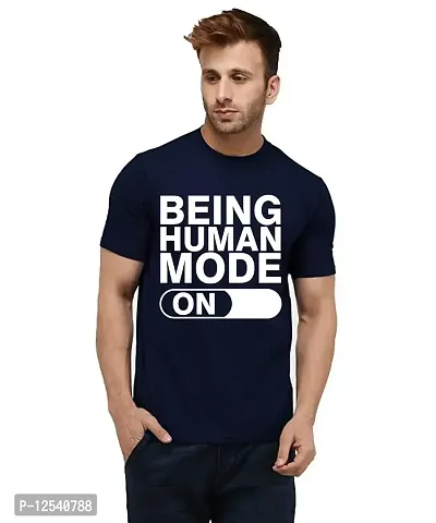 Caseria Men's Round Neck Cotton Half Sleeved T-Shirt with Printed Graphics - Being Human Mode On (Navy Blue, XL)