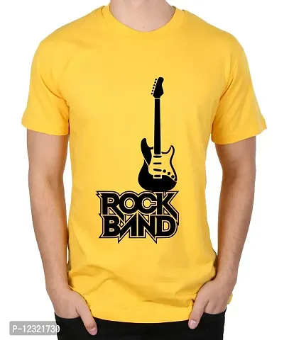 Caseria Men's Round Neck Cotton Half Sleeved T-Shirt with Printed Graphics - Rock Guitar (Yellow, MD)