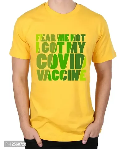 Caseria Men's Round Neck Cotton Half Sleeved T-Shirt with Printed Graphics - Covid Vaccine (Yellow, XL)-thumb0