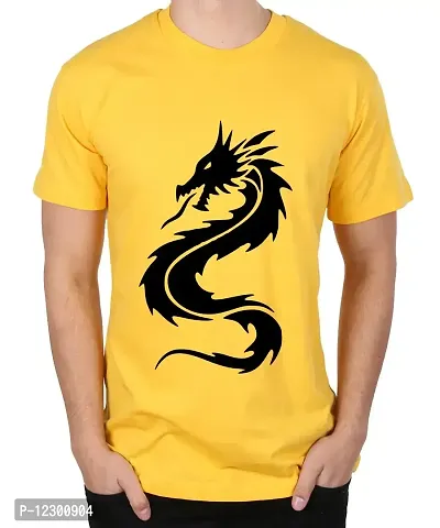 Caseria Men's Round Neck Cotton Half Sleeved T-Shirt with Printed Graphics - Chinese Dragon (Yellow, XXL)-thumb0