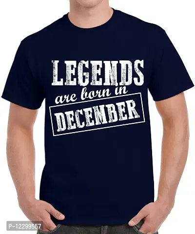 Caseria Men's Round Neck Cotton Half Sleeved T-Shirt with Printed Graphics - Legends are Born in December Pattern (Navy Blue, XL)