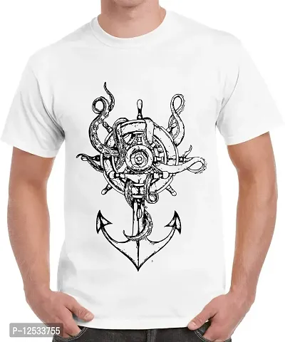 Caseria Men's Round Neck Cotton Half Sleeved T-Shirt with Printed Graphics - Ship Wheel Anchor (White, XXL)