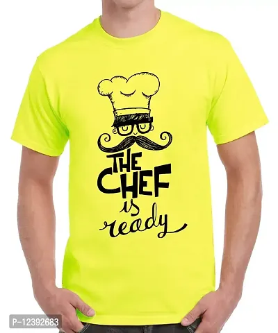 Caseria Men's Round Neck Cotton Half Sleeved T-Shirt with Printed Graphics - The Chef is Ready (Lemon Yellow, XL)-thumb0