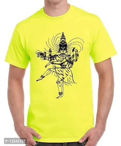 Caseria Men's Round Neck Cotton Half Sleeved T-Shirt with Printed Graphics - Maha Dev Dance (Lemon Yellow, SM)-thumb0