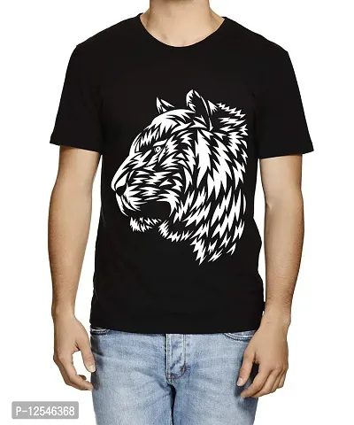 Caseria Men's Round Neck Cotton Half Sleeved T-Shirt with Printed Graphics - Tiger Pattern (Black, MD)