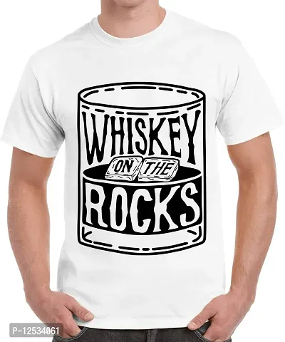 Caseria Men's Round Neck Cotton Half Sleeved T-Shirt with Printed Graphics - Whiskey On The Rocks (White, L)-thumb0