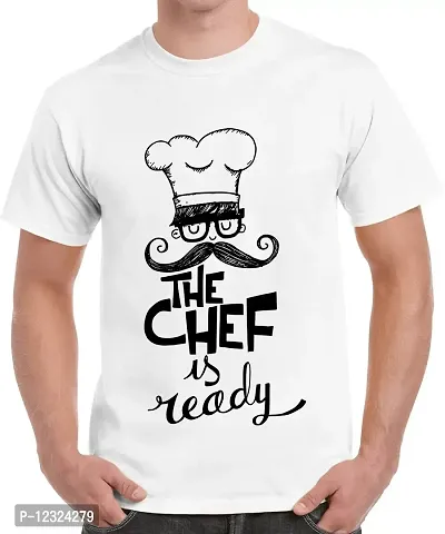 Caseria Men's Round Neck Cotton Half Sleeved T-Shirt with Printed Graphics - The Chef is Ready (White, SM)