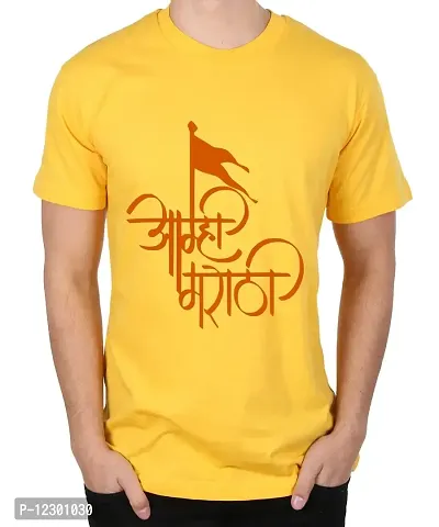 Caseria Men's Round Neck Cotton Half Sleeved T-Shirt with Printed Graphics - Amhi Marathi (Yellow, L)