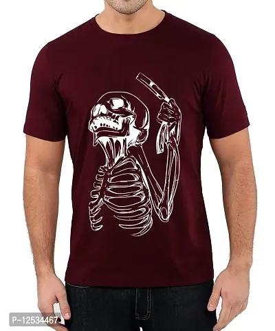 Caseria Men's Round Neck Cotton Half Sleeved T-Shirt with Printed Graphics - Skull Razor (Maroon, MD)