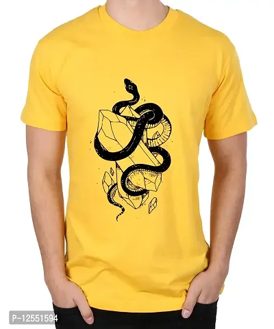 Caseria Men's Round Neck Cotton Half Sleeved T-Shirt with Printed Graphics - Snake Crystal (Yellow, L)