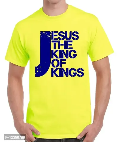 Caseria Men's Round Neck Cotton Half Sleeved T-Shirt with Printed Graphics - Jesus The King of Kings (Lemon Yellow, XXL)