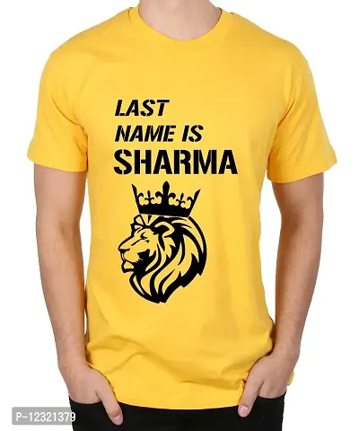 Caseria Men's Round Neck Cotton Half Sleeved T-Shirt with Printed Graphics - Last Name is Sharma (Yellow, MD)