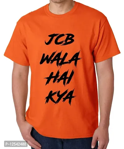 Caseria Men's Round Neck Cotton Half Sleeved T-Shirt with Printed Graphics - JCB Wala Hai (Orange, SM)