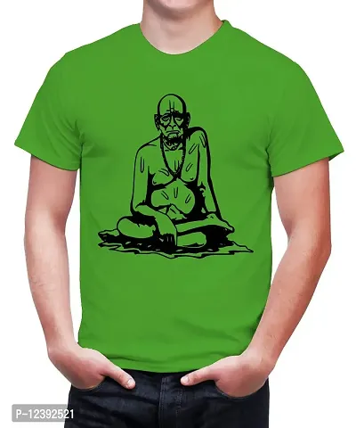 Caseria Men's Round Neck Cotton Half Sleeved T-Shirt with Printed Graphics - Swami Samarth (Parrot Green, SM)-thumb0