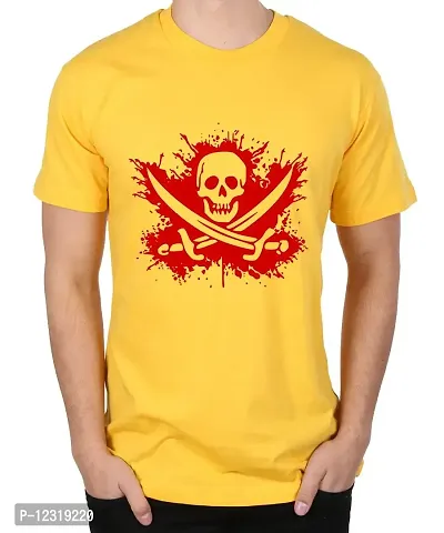 Caseria Men's Round Neck Cotton Half Sleeved T-Shirt with Printed Graphics - Pirates of Caribbean Flag (Yellow, MD)