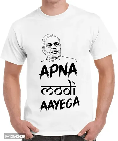 Caseria Men's Round Neck Cotton Half Sleeved T-Shirt with Printed Graphics - Apna Modi Ayega (White, L)