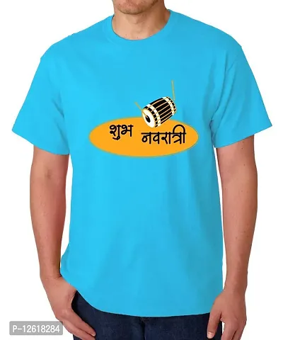 Caseria Men's Round Neck Cotton Half Sleeved T-Shirt with Printed Graphics - shubh Navratri (Sky Blue, XL)