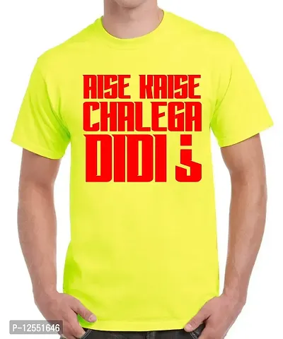 Caseria Men's Round Neck Cotton Half Sleeved T-Shirt with Printed Graphics - Aise Kaise Chalega Didi (Lemon Yellow, SM)