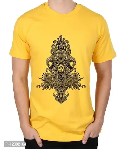 Caseria Men's Round Neck Cotton Half Sleeved T-Shirt with Printed Graphics - Devi Maa Durga (Yellow, MD)-thumb0