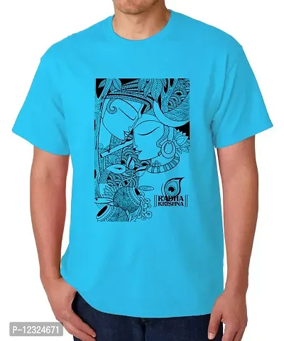 Caseria Men's Round Neck Cotton Half Sleeved T-Shirt with Printed Graphics - Radha Krishna (Sky Blue, L)