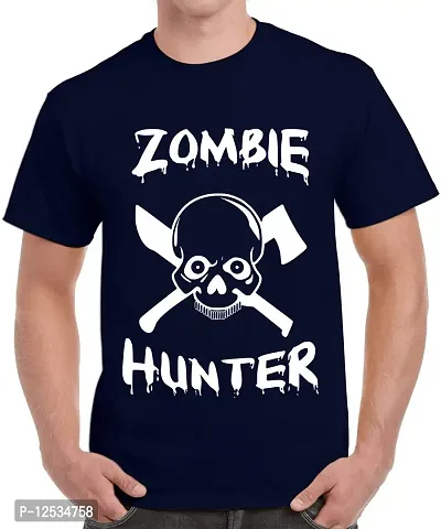 Caseria Men's Round Neck Cotton Half Sleeved T-Shirt with Printed Graphics - Zomble Hunter (Navy Blue, L)-thumb0