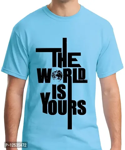 Caseria Men's Round Neck Cotton Half Sleeved T-Shirt with Printed Graphics - The World is Yours (Sky Blue, MD)