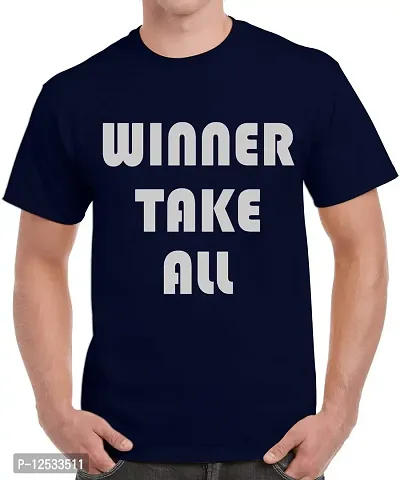 Caseria Men's Round Neck Cotton Half Sleeved T-Shirt with Printed Graphics - Winner Take All (Navy Blue, L)