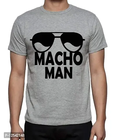 Caseria Men's Round Neck Cotton Half Sleeved T-Shirt with Printed Graphics - Macho Man (Grey, SM)-thumb0