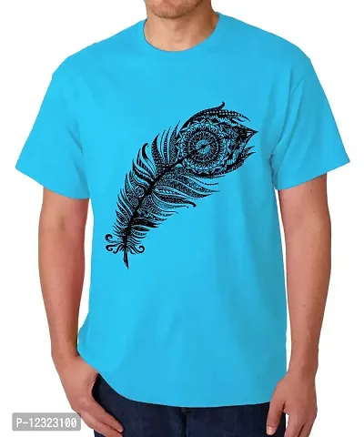 Caseria Men's Round Neck Cotton Half Sleeved T-Shirt with Printed Graphics - Peacock Feather (Sky Blue, L)-thumb0