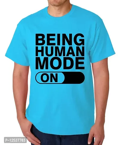 Caseria Men's Round Neck Cotton Half Sleeved T-Shirt with Printed Graphics - Being Human Mode On (Sky Blue, MD)