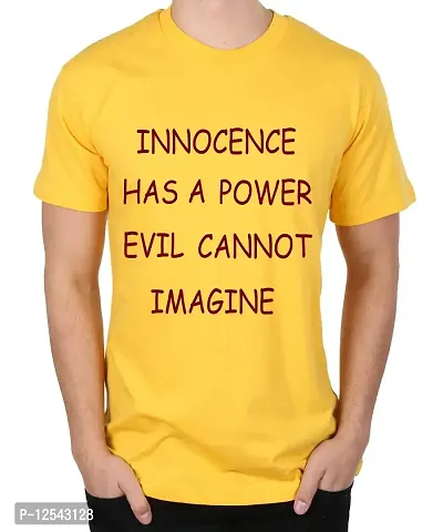 Caseria Men's Round Neck Cotton Half Sleeved T-Shirt with Printed Graphics - Innocence HAS A Power (Yellow, XL)-thumb0