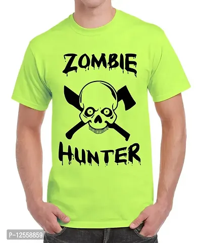 Caseria Men's Round Neck Cotton Half Sleeved T-Shirt with Printed Graphics - Zomble Hunter (Liril Green, SM)