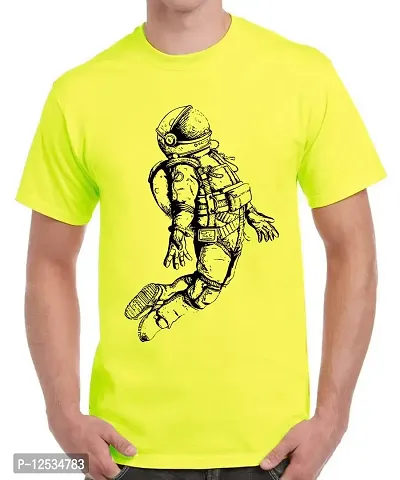 Caseria Men's Round Neck Cotton Half Sleeved T-Shirt with Printed Graphics - Fly Astronaut Man (Lemon Yellow, L)-thumb0