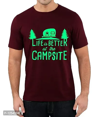 Caseria Men's Round Neck Cotton Half Sleeved T-Shirt with Printed Graphics - Better at The Campsite (Maroon, XL)