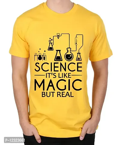 Caseria Men's Round Neck Cotton Half Sleeved T-Shirt with Printed Graphics - Science It's Like Magic (Yellow, XL)-thumb0