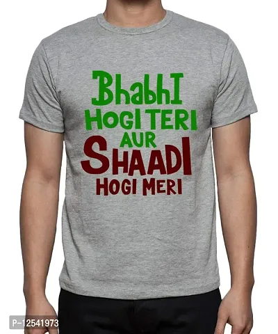 Caseria Men's Round Neck Cotton Half Sleeved T-Shirt with Printed Graphics - Bhabhi Shaadi (Grey, XL)-thumb0