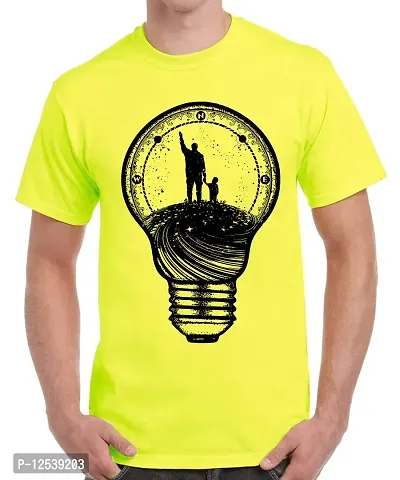 Caseria Men's Round Neck Cotton Half Sleeved T-Shirt with Printed Graphics - Bulb Son Father (Lemon Yellow, SM)