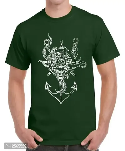 Caseria Men's Round Neck Cotton Half Sleeved T-Shirt with Printed Graphics - Ship Wheel Anchor (Bottel Green, MD)