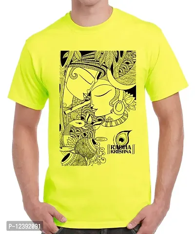 Caseria Men's Round Neck Cotton Half Sleeved T-Shirt with Printed Graphics - Radha Krishna (Lemon Yellow, SM)-thumb0