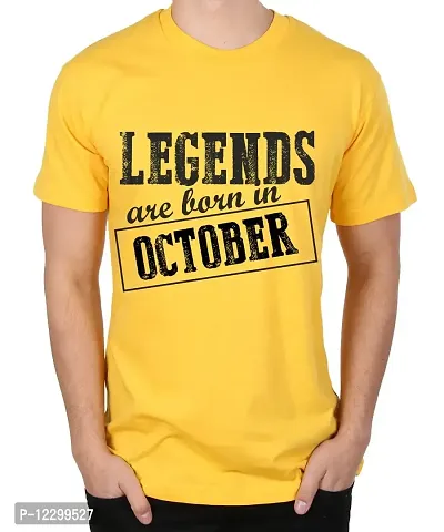 Caseria Men's Round Neck Cotton Half Sleeved T-Shirt with Printed Graphics - Legends are Born in October Pattern (Yellow, XL)-thumb0