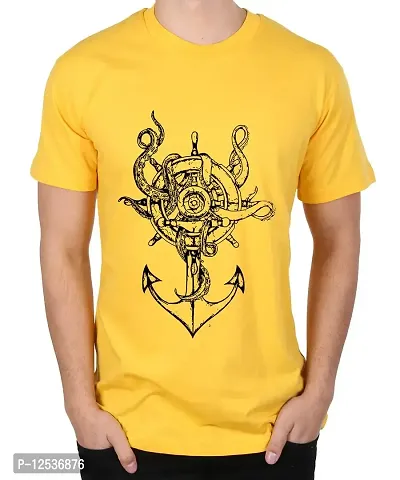 Caseria Men's Round Neck Cotton Half Sleeved T-Shirt with Printed Graphics - Ship Wheel Anchor (Yellow, XL)-thumb0