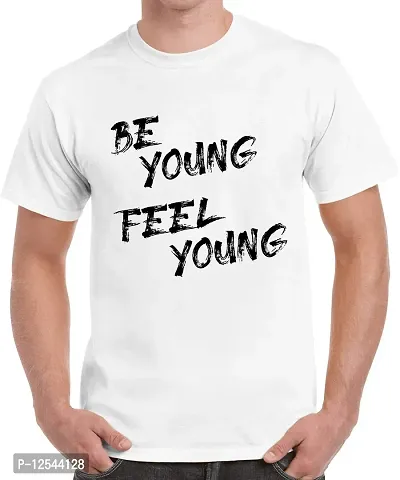 Caseria Men's Round Neck Cotton Half Sleeved T-Shirt with Printed Graphics - Be Young Feel Young (White, SM)