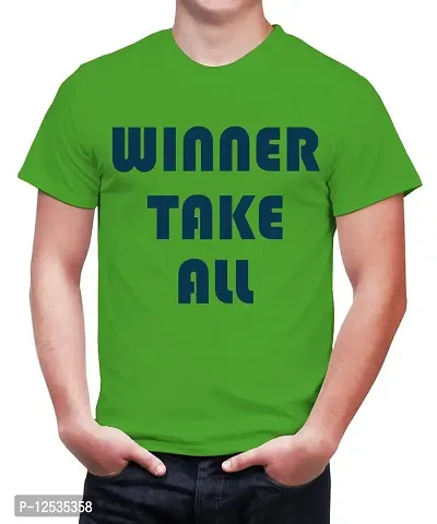 Caseria Men's Round Neck Cotton Half Sleeved T-Shirt with Printed Graphics - Winner Take All (Parrot Green, MD)