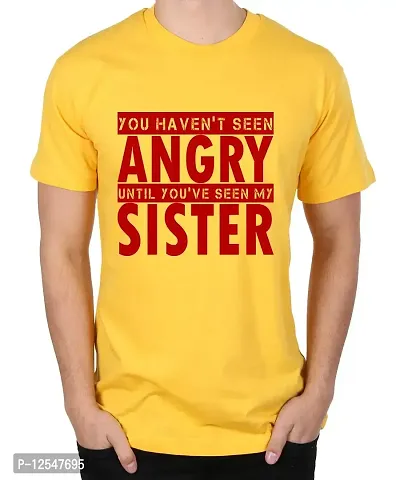 Caseria Men's Round Neck Cotton Half Sleeved T-Shirt with Printed Graphics - Angry Sister (Yellow, SM)-thumb0