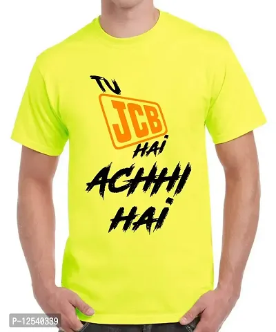 Caseria Men's Round Neck Cotton Half Sleeved T-Shirt with Printed Graphics - Achhi Hai (Lemon Yellow, SM)-thumb0