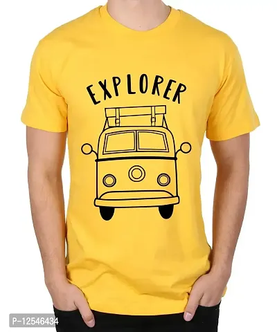 Caseria Men's Round Neck Cotton Half Sleeved T-Shirt with Printed Graphics - Explorer (Yellow, MD)