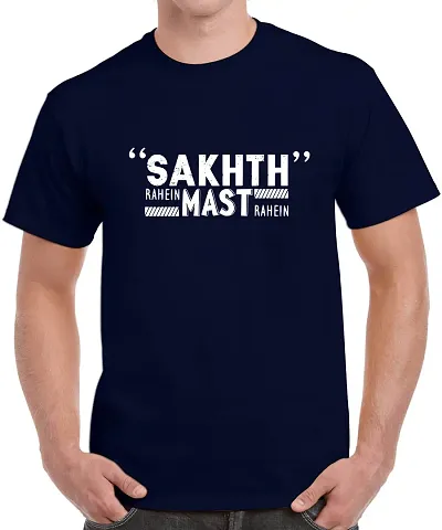 Caseria Men's Round Neck Half Sleeved T-Shirt with Graphics - Sakhth Mast (Navy Blue, MD)