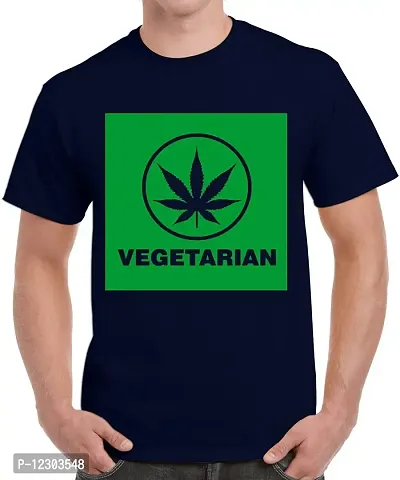 Caseria Men's Round Neck Cotton Half Sleeved T-Shirt with Printed Graphics - Weed Vegetarian (Navy Blue, L)-thumb0