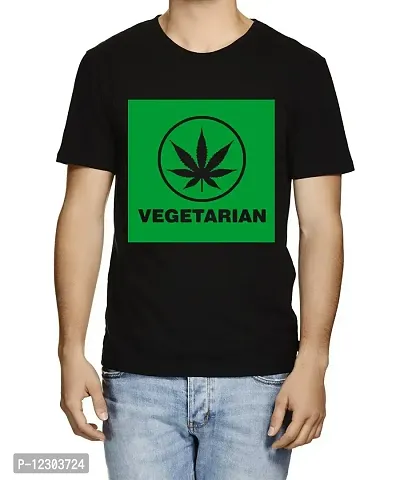 Caseria Men's Round Neck Cotton Half Sleeved T-Shirt with Printed Graphics - Weed Vegetarian (Black, XL)-thumb0